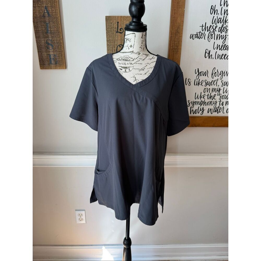 Skechers by Barco Women's Short Sleeve Crossover Scrub Top Pewter Grey Size 2XL